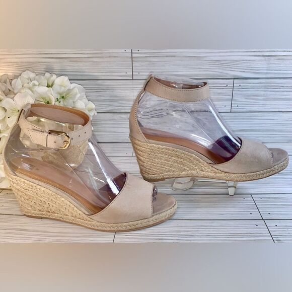 H&M Beige Espadrille Wedge Open Toe Faux Suede Sandals S:7.5 - Picture 3 of 9